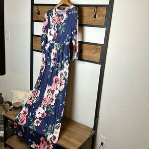 Women’s blue floral stretch maxi dress with pockets - Sz Lg